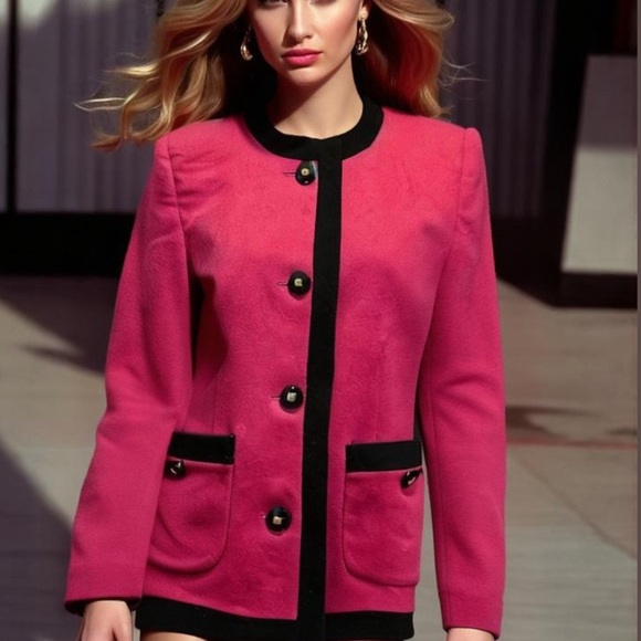Oleg Cassini Jackets & Blazers - 80s OLEG CASSINI FUSHIA PINK & BLACK COLORBLOCK COLLARLESS CROPPED BLAZER SZ 8